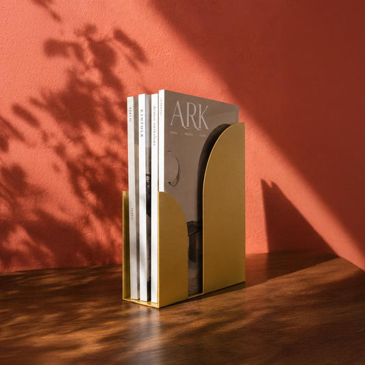 Freestanding Metal Magazine Holder, Gold Tabletop Brochure Holder, Modern Desktop Organizer, Countertop Catalog Display for Office and Home - BlackIvyCraft