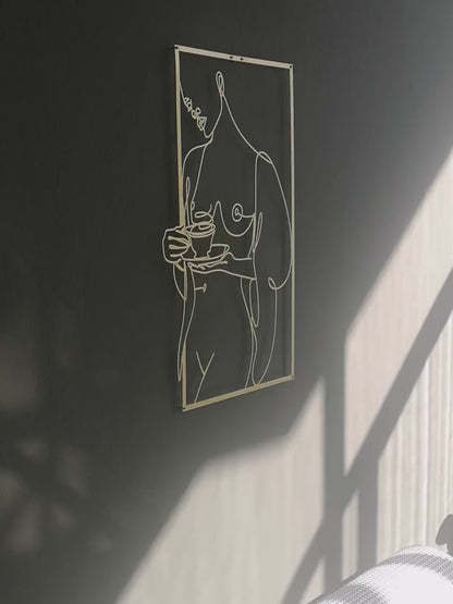 Nude Woman Metal Wall Art, Gold Woman Wall Decor, Coffee with Woman, Modern Woman Line Art, Cafe Decor, Female Body Art, Kitchen Wall Art