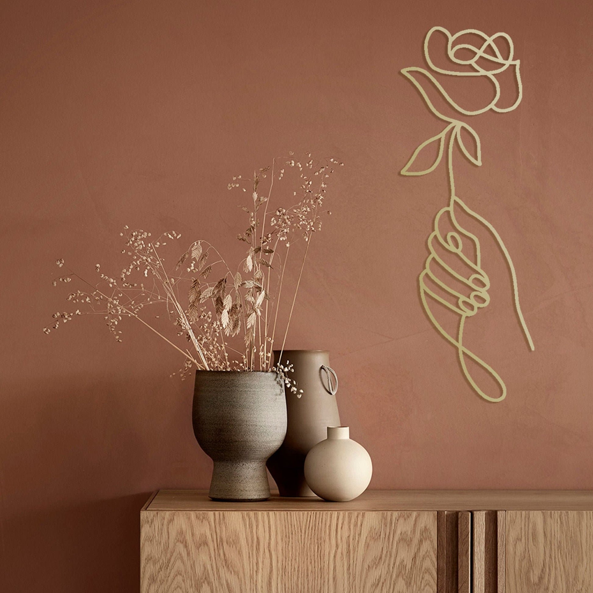 Hand with a Rose, One Line Art, Rose Gold Wall Art, Gold Wall Decor, Metal Wall Art, Bridal Shower Gift, Unique Wall Decor