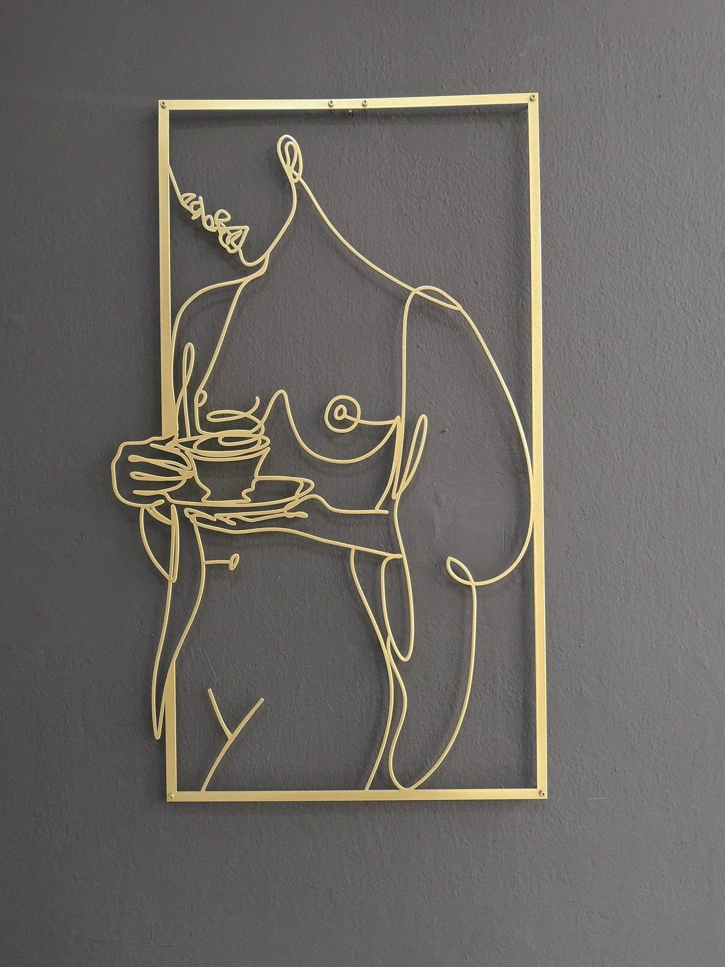 Nude Woman Metal Wall Art, Gold Woman Wall Decor, Coffee with Woman, Modern Woman Line Art, Cafe Decor, Female Body Art, Kitchen Wall Art - BlackIvyCraft