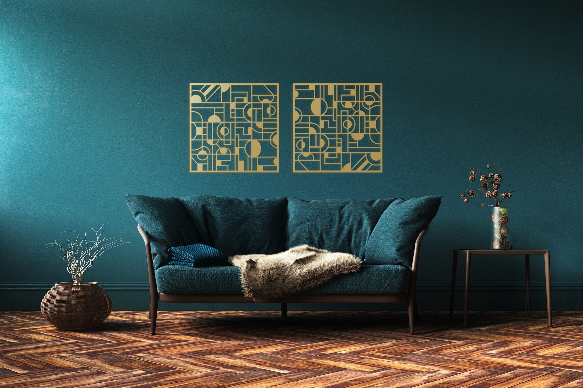 Modern Metal Living Room Decor, Geometric Wall Art Set, Mid-century Wall Decor, Gold Metal Wall Decor, Square Metal Decor