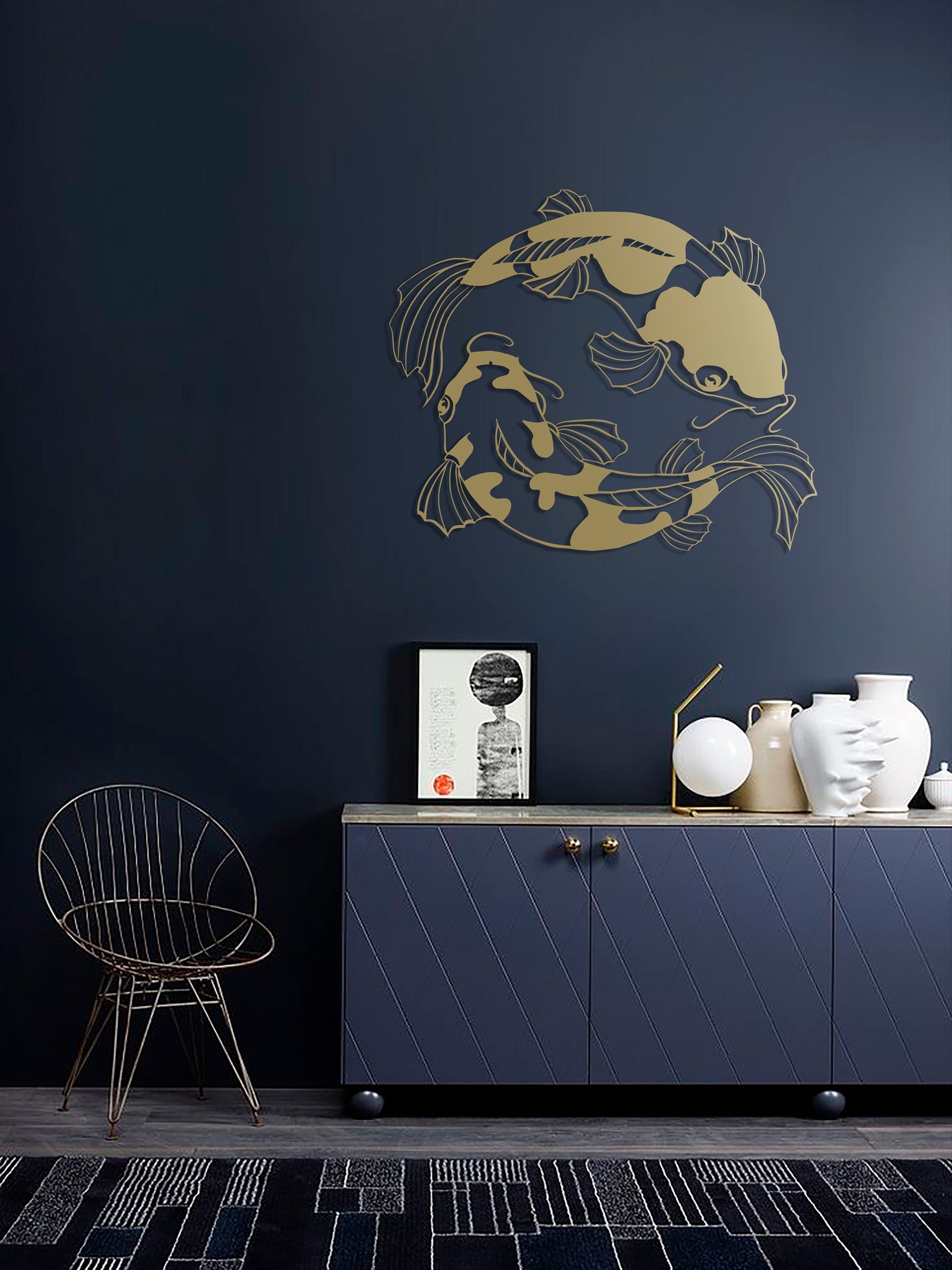Yin Yang Koi Metal Wall Decor, Feng Shui Fish Art, Minimalist Line Art, Modern Home Decoration, Chinese Symbol, Housewarming Gift
