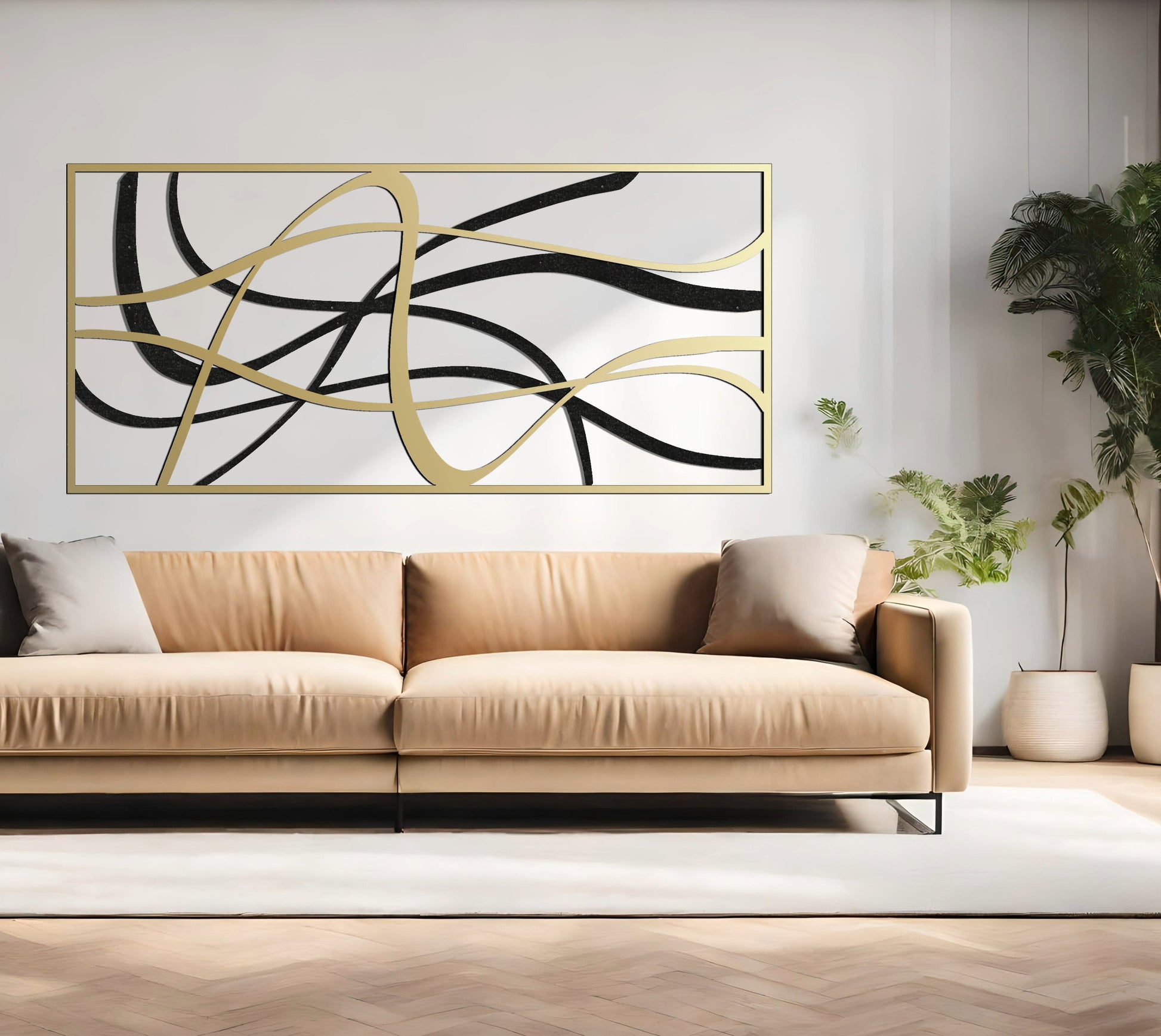 Oversize Abstract Metal Wall Art, Black and Gold Metal Decor, Modern Living Room, Large Home Gift
